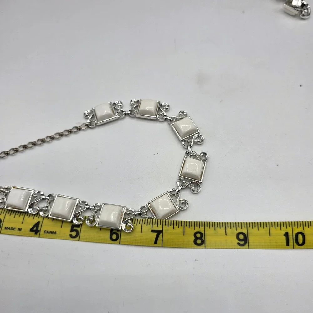 Vintage Charel Silver Tone White Thermoset Choker Necklace and Earring Set